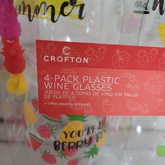 Crofton 4-Pack Summer-Themed Plastic Wine Glasses Set New In Package - Picture 3 of 5